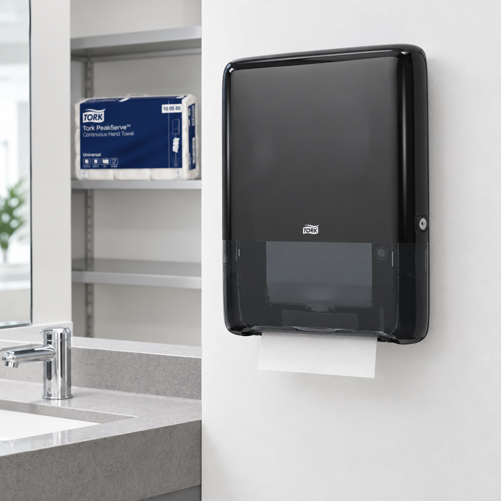 Tork PeakServe Mini med separat H5 100585 papirrefill i baggrunden; papir købes separat
