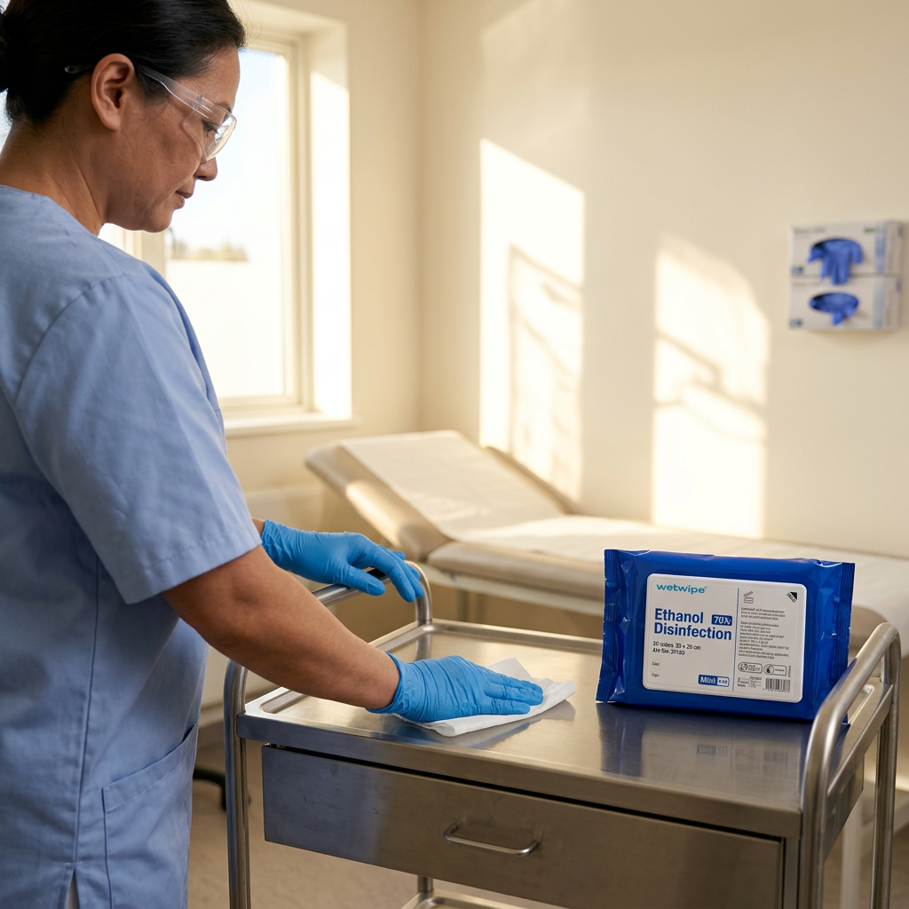 Voksen med nitrilhandsker og beskyttelsesbriller aftørrer stålbord ved Wet Wipe Ethanol Mini