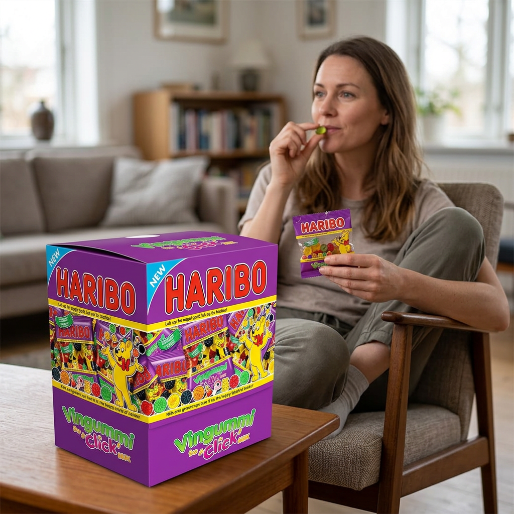 Voksen nyder en lille portion Click Mix med Haribo-kassen på bordet