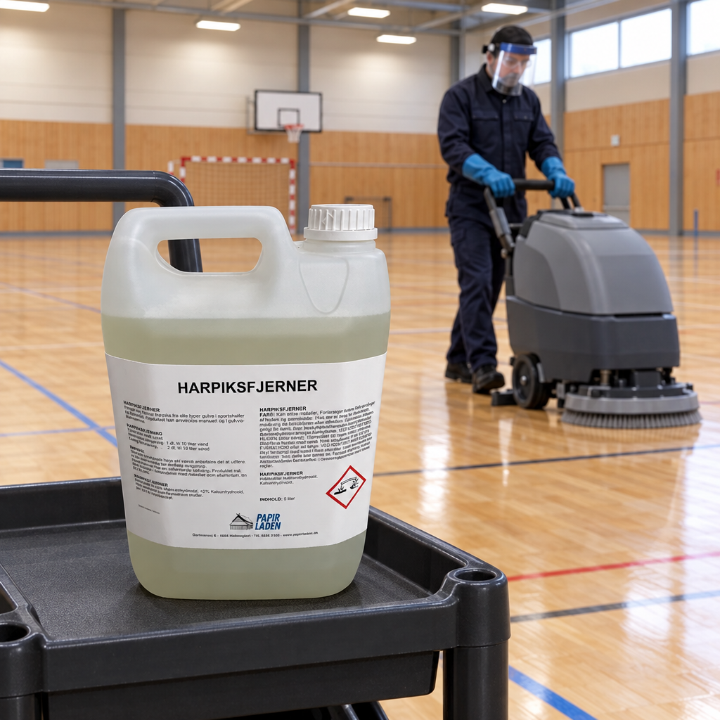 Harpiksfjerner 5 liter med gulvvaskemaskine og rengøringsmedarbejder i sportshal