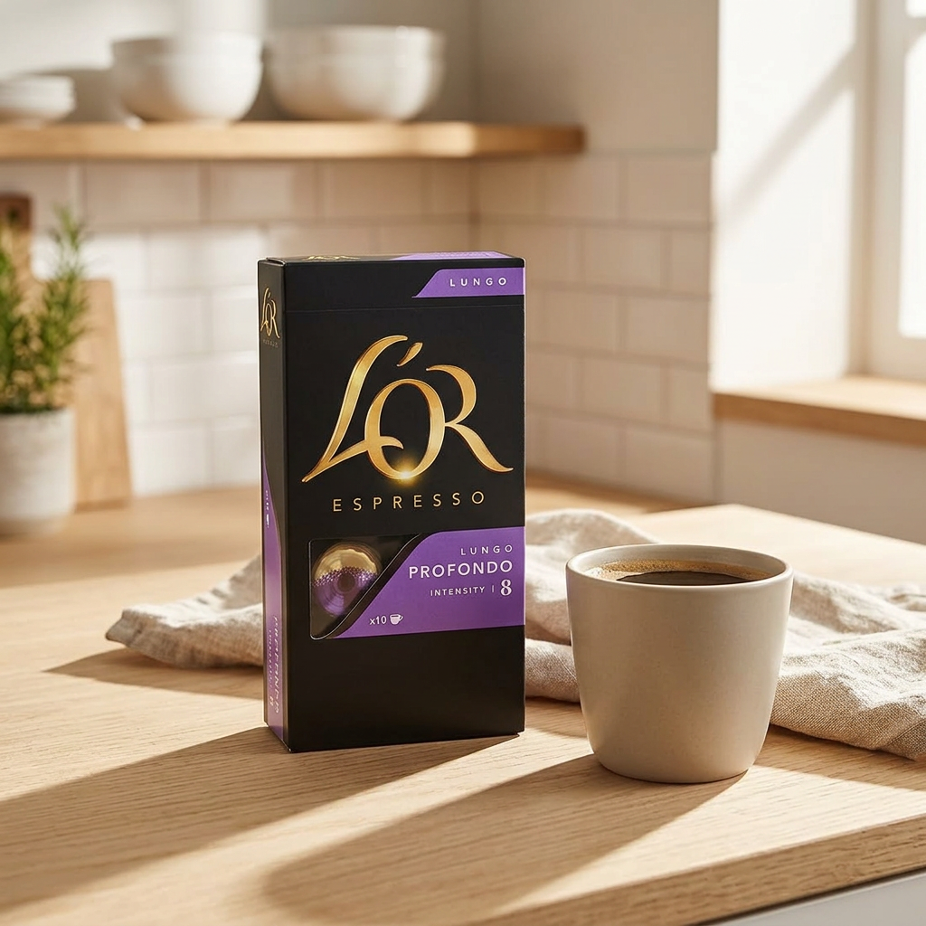 L’OR Lungo Profondo 8 ved en kop kaffe i sollyst køkken