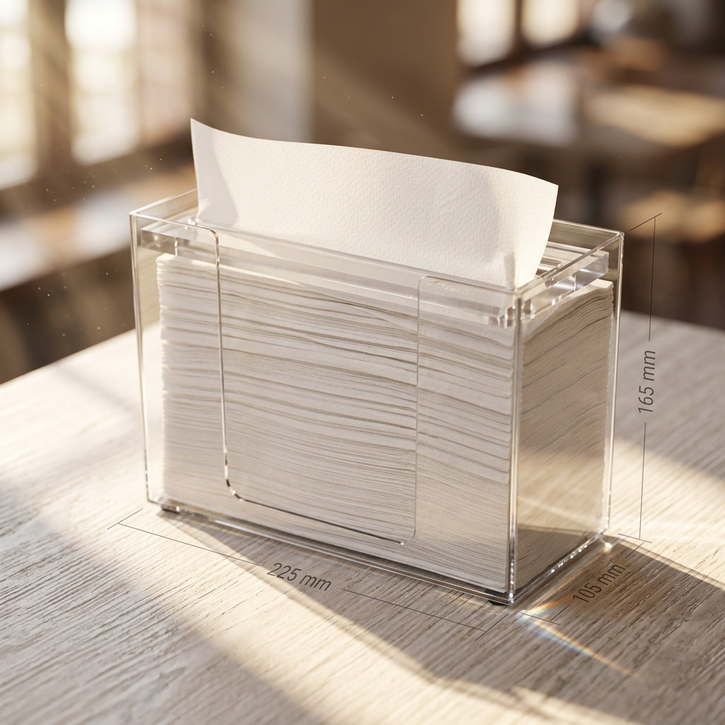 Transparent borddispenser på cafébord med illustrerede mål