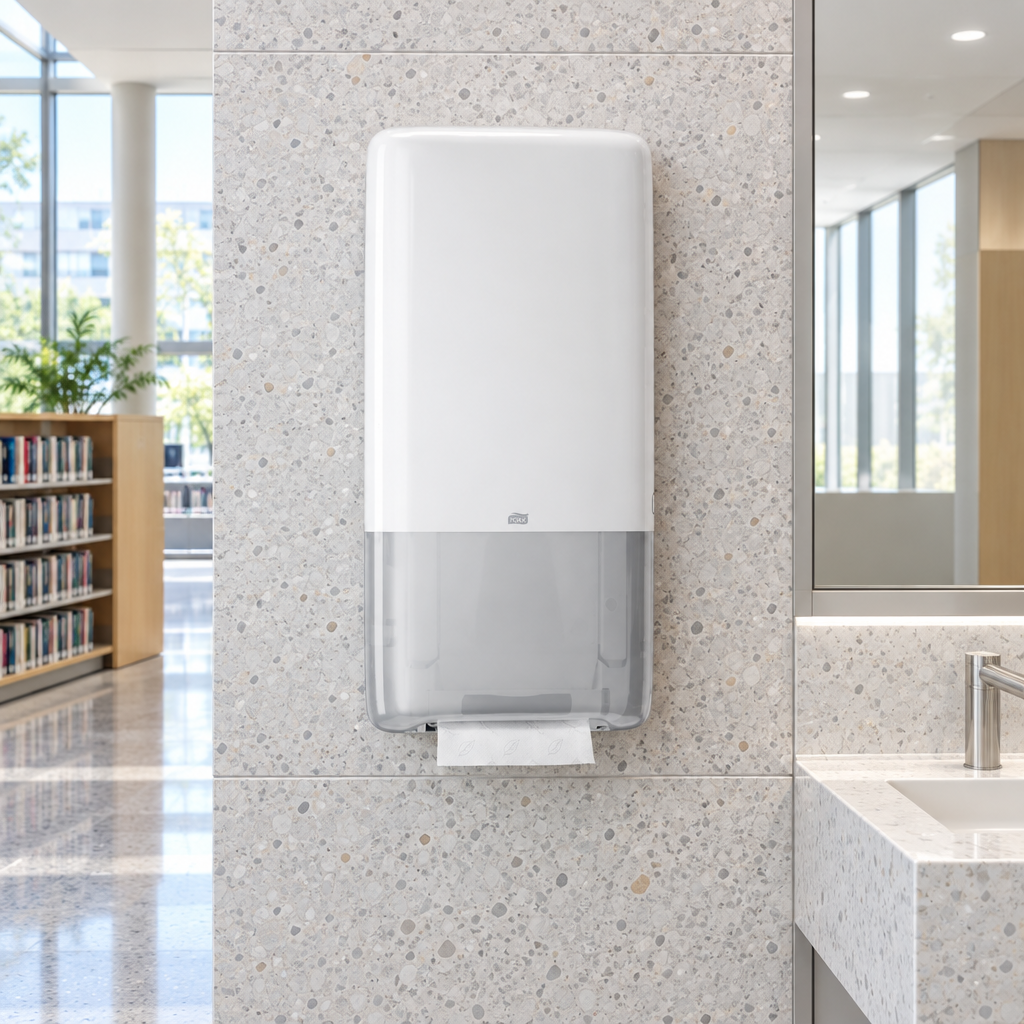 Tork PeakServe 552500 i lyse toiletfaciliteter ved bibliotek