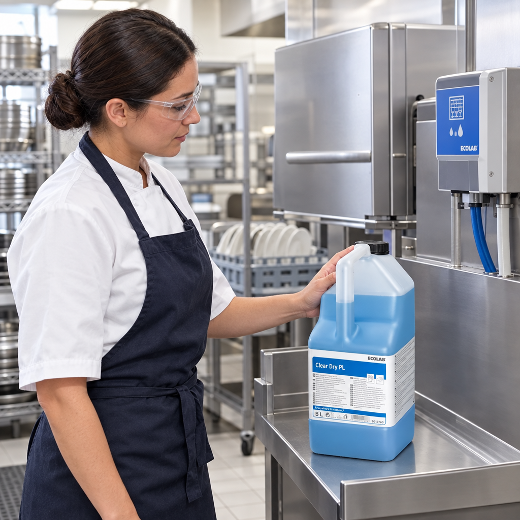 Ecolab Clear Dry PL ved kontrol af dunk i professionelt opvaskerum