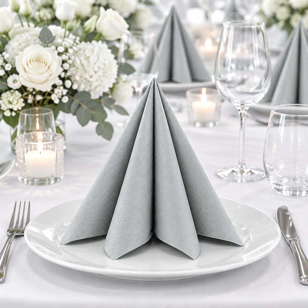 Sølvgrå servietter ved festbord med hvid dug og blomster