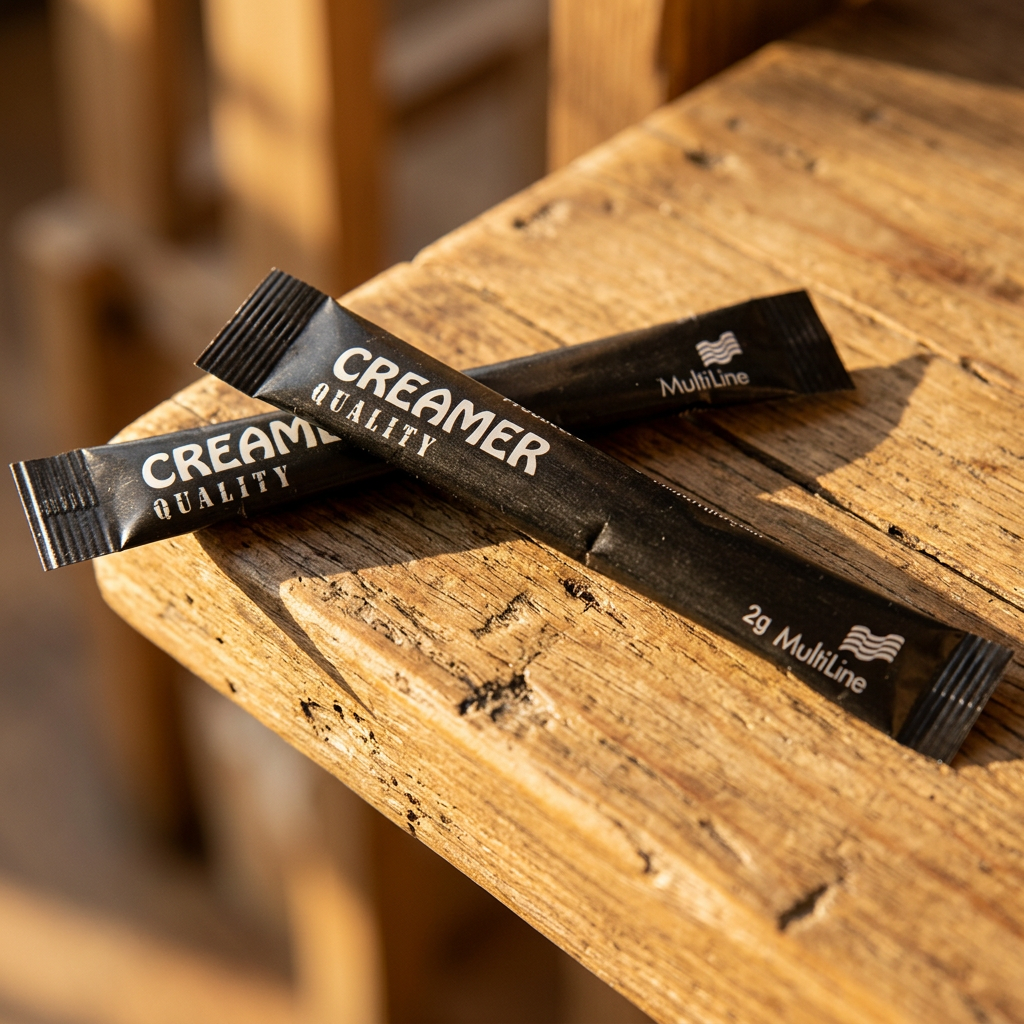 Quality flødepulver i portionssticks på en træhylde i sollyst cafémiljø