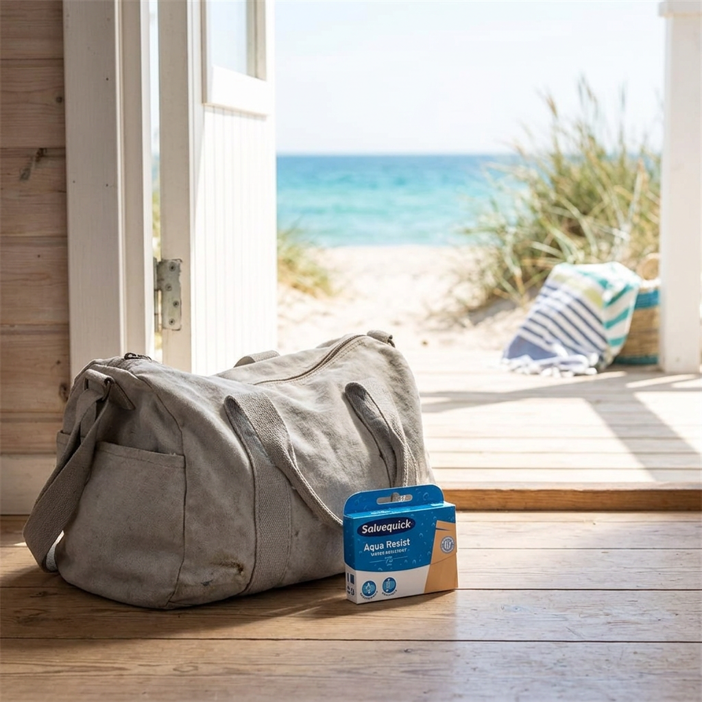 Salvequick Aqua Resist ved en taske i et solrigt sommerhus nær stranden