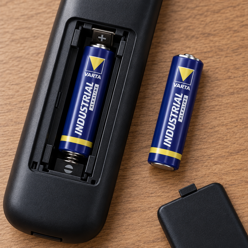 Varta Industrial AA-batteri i åbent batterirum på en illustrativ fjernbetjening