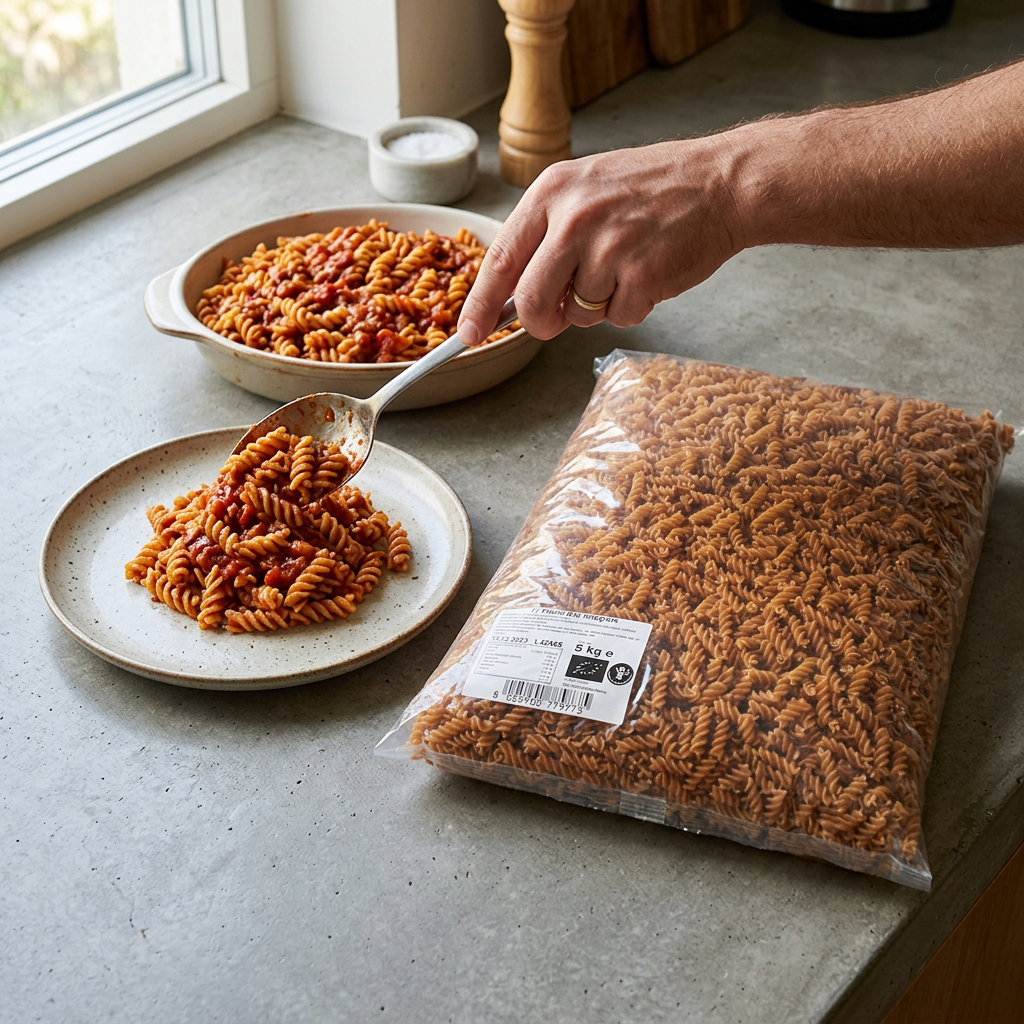 Fuldkornspasta med tomatsauce serveres ved posen med pastaskruer