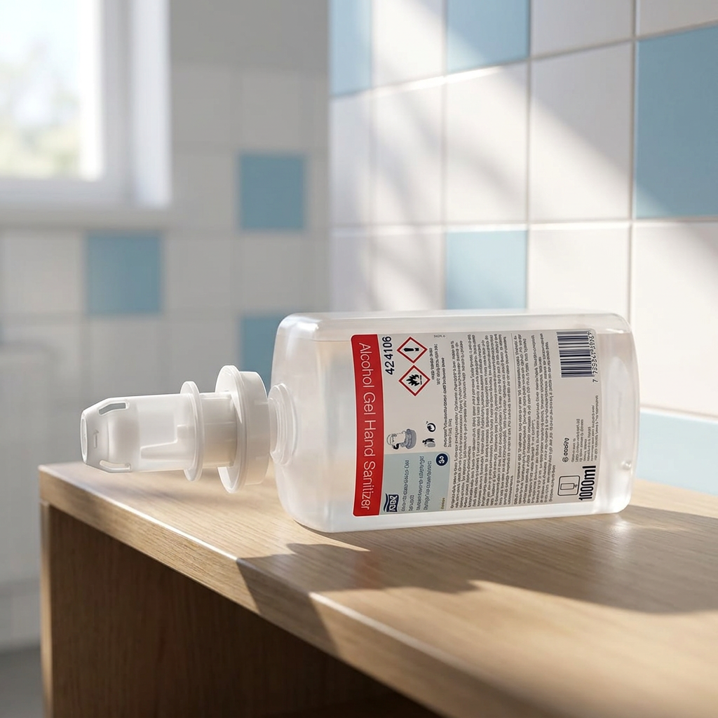 Tork S4 gelrefill liggende på hylde i sollyst personaletoilet