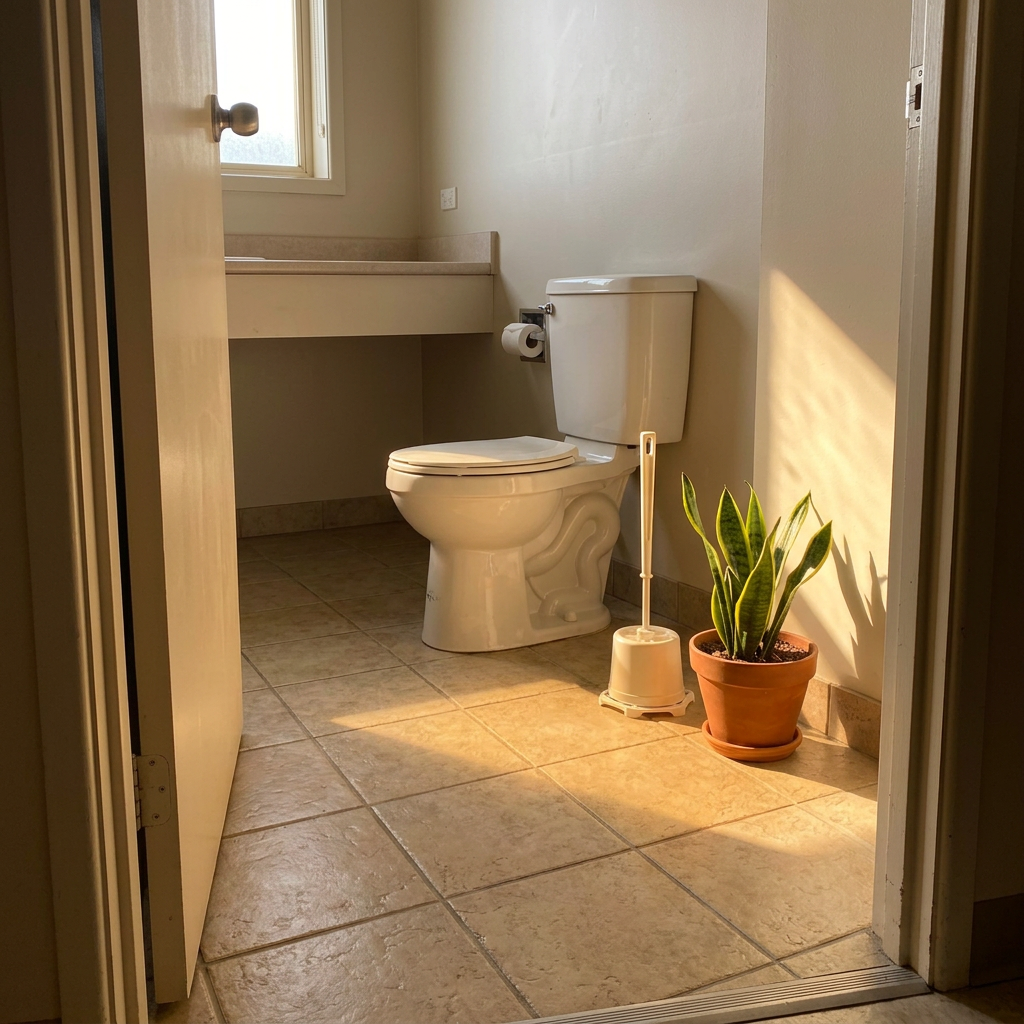 Hvid Basic-toiletbørste med skål i fælleshusets sollyse toiletrum, stemningsbillede