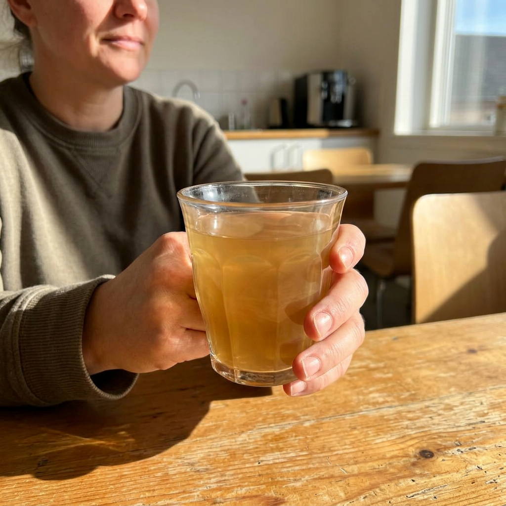 Voksen holder caféglas med te i sollyst personalekøkken
