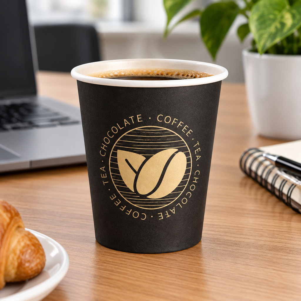 Beans-kaffebæger med kaffe ved en arbejdsplads