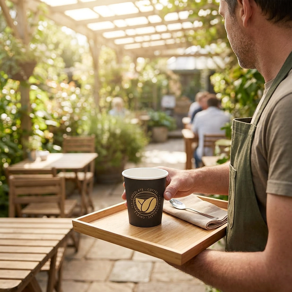 Cafémedarbejder placerer Beans-kaffebæger på bakke i solrig havepavillon
