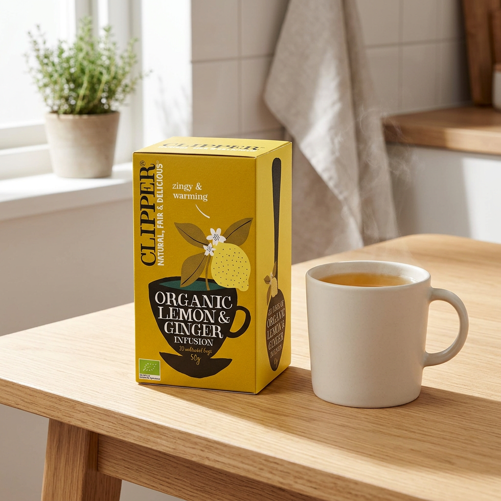 Clipper Citron og Ingefær 50 g ved tekop i sollyst køkken