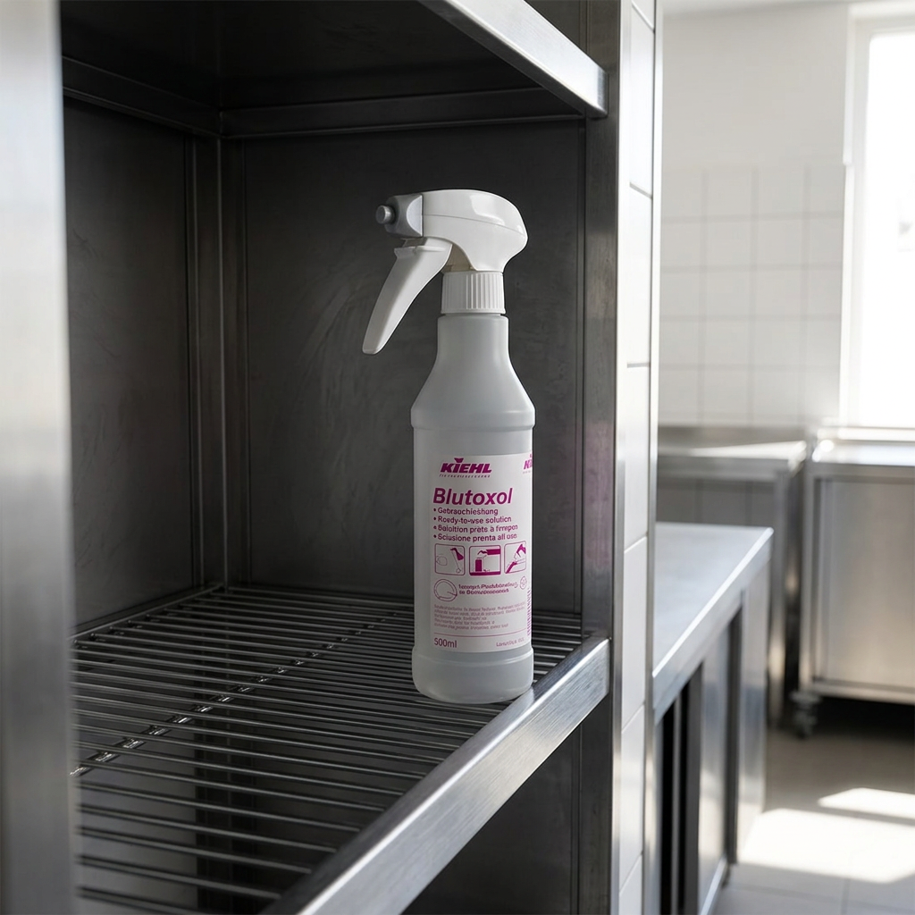 Kiehl Blutoxol arbejdsflaske på stålhylde i lyst køkkenmiljø