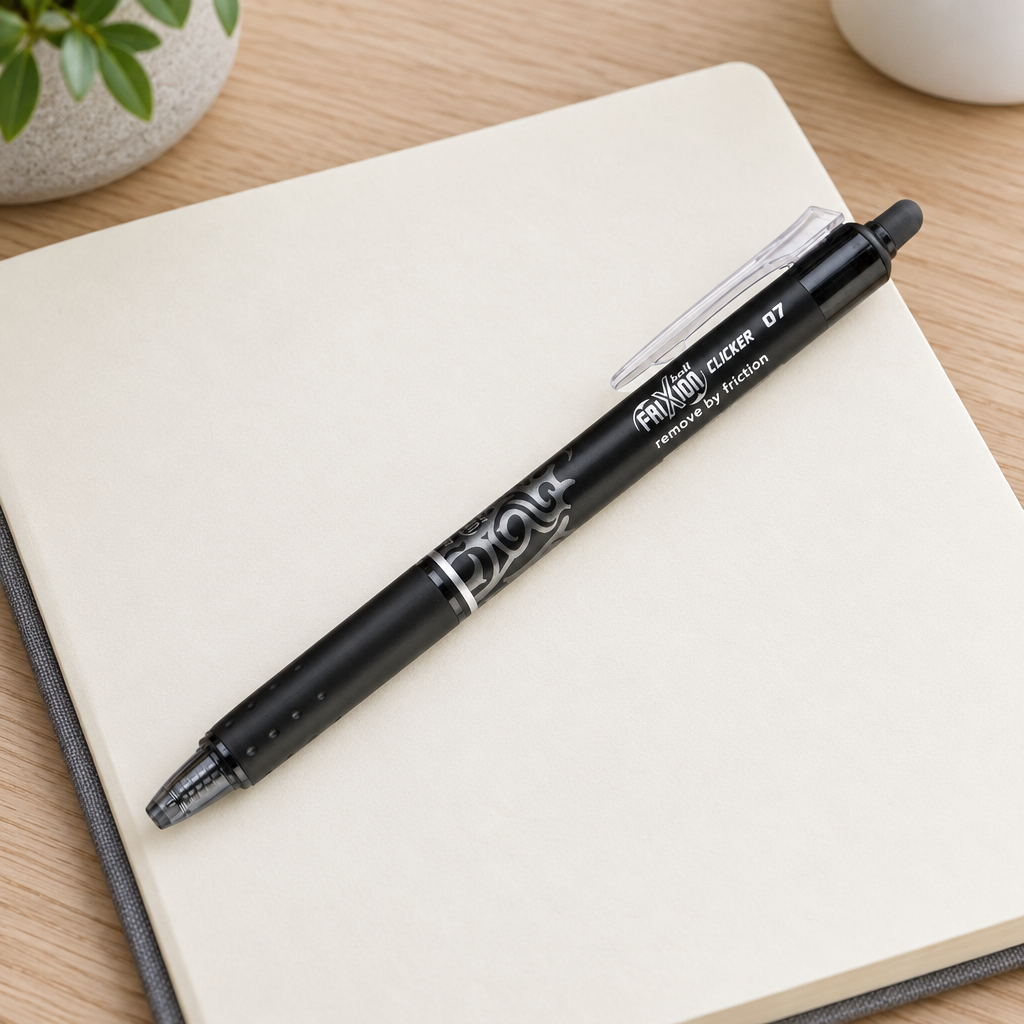 Stemningsillustration af sort Pilot FriXion Clicker gelpen på en åben notesbog