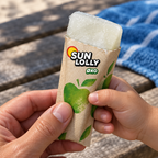 Nærbillede af Sun Lolly ØKO Æble-is i barnets og forælderens hænder