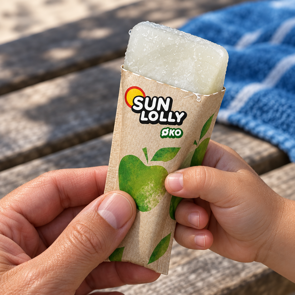 Nærbillede af Sun Lolly ØKO Æble-is i barnets og forælderens hænder