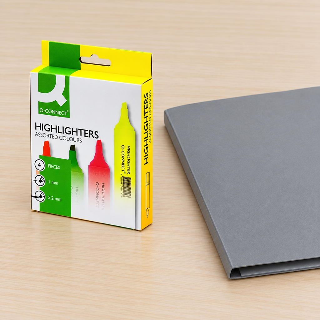 Q-Connect highlighterpakke ved grå mappe på kontorbord, genereret miljøbillede