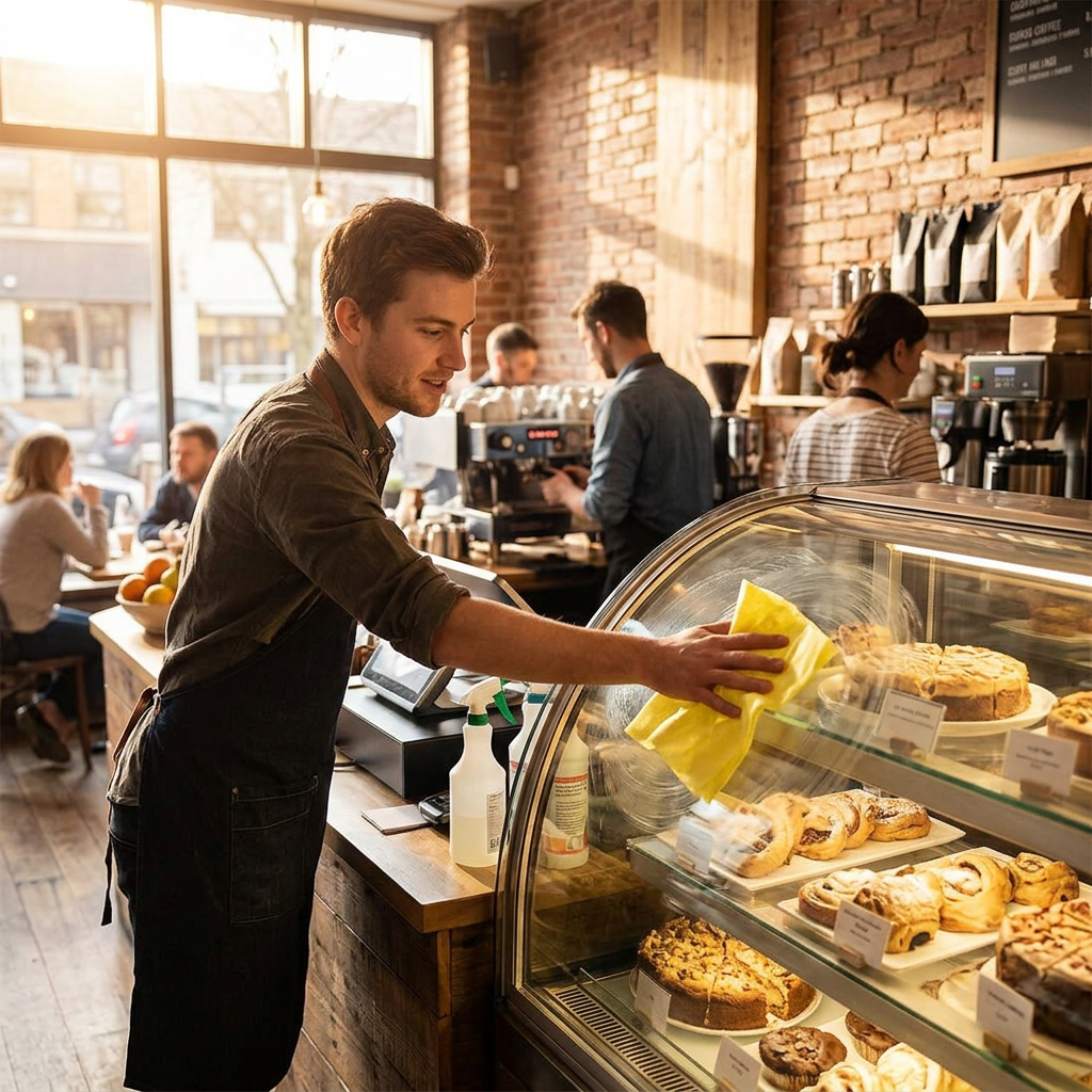 Barista aftørrer et kagemontre med gul alt-mulig-klud i en solrig café.