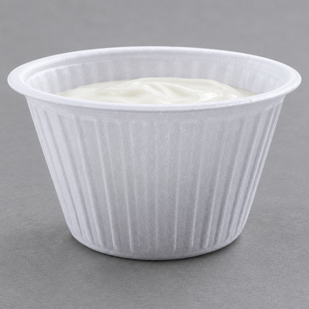 Hvid XPS-termoskål med yoghurt på gråt bord