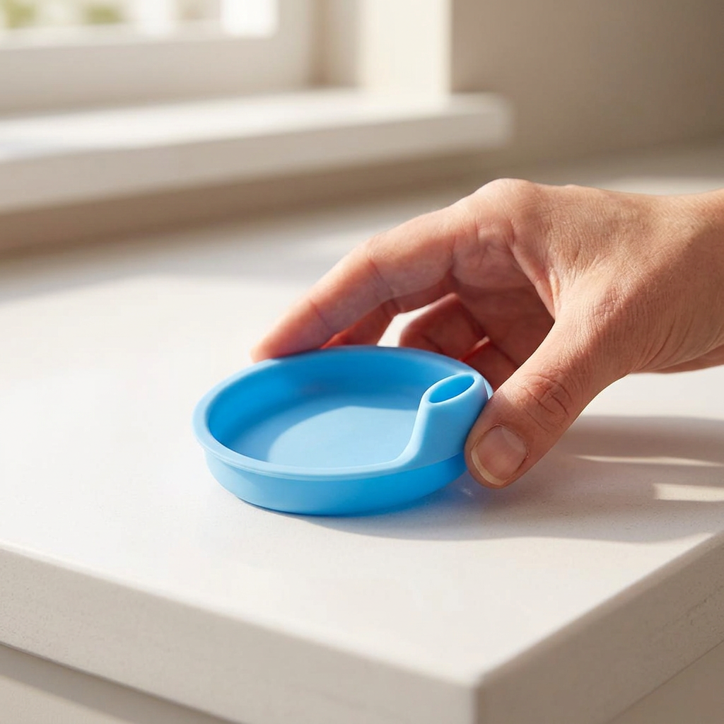 Voksen placerer en blå drikketud på et solbeskinnet bord