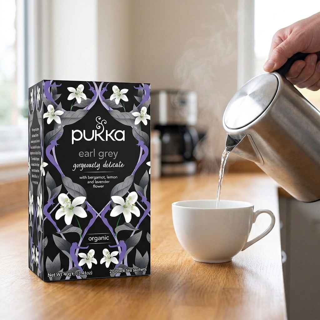 Pukka Earl Grey tilberedes med varmt vand ved kontorets testation