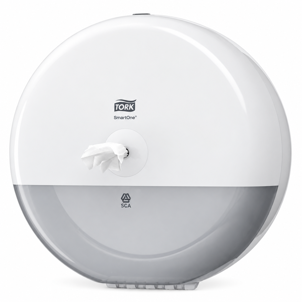 Hvid Tork SmartOne T8-dispenser på hvid baggrund