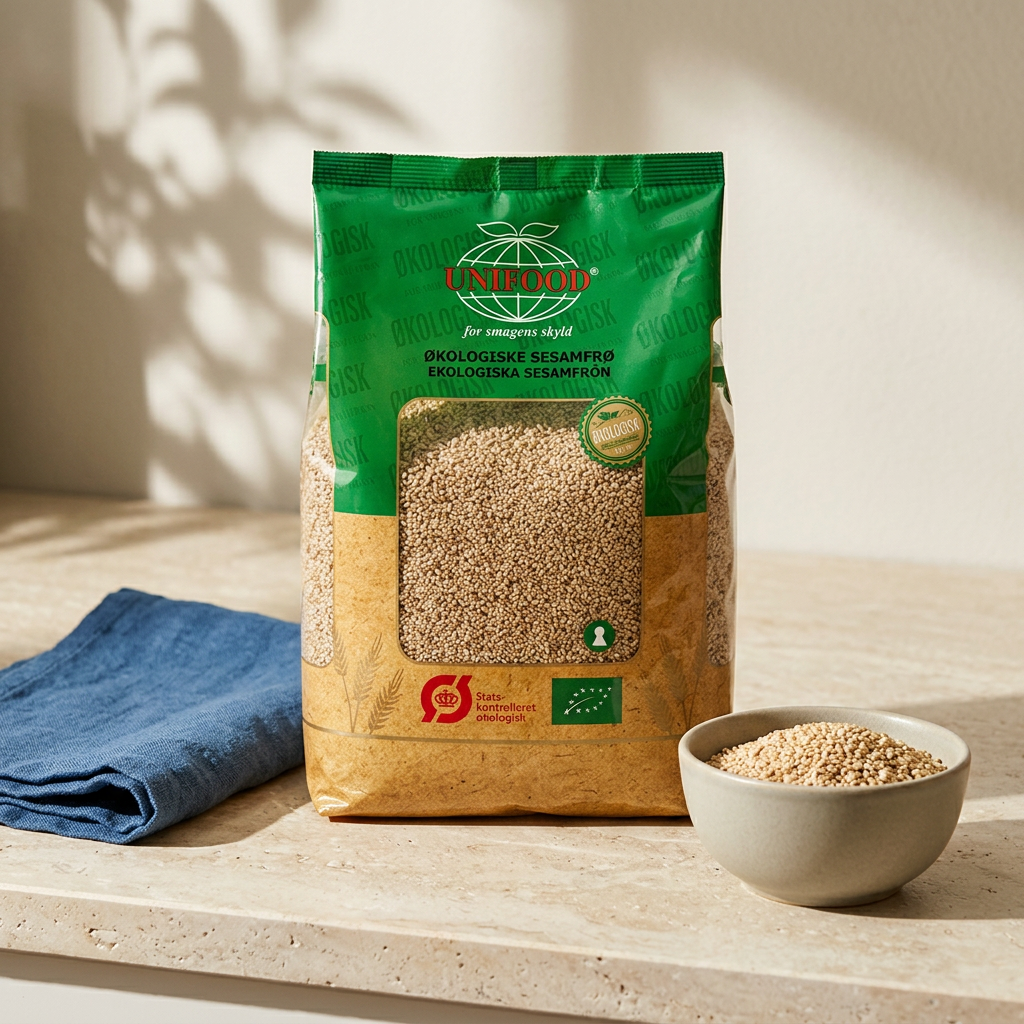 Unifood sesamfrø ved skål og blåt viskestykke i naturligt solskin