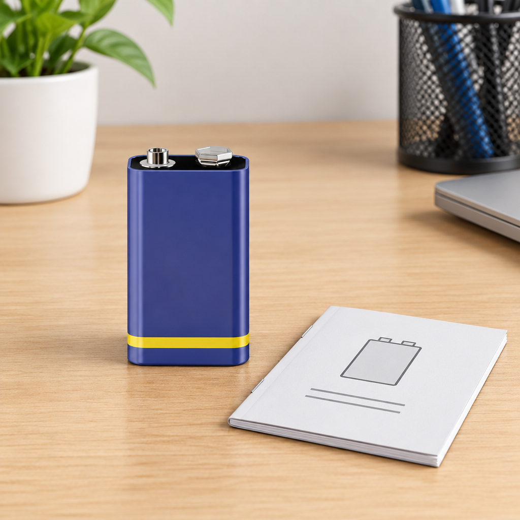 Stemningsillustration af et 9 V-blokbatteri på en tør arbejdsflade ved klargøring