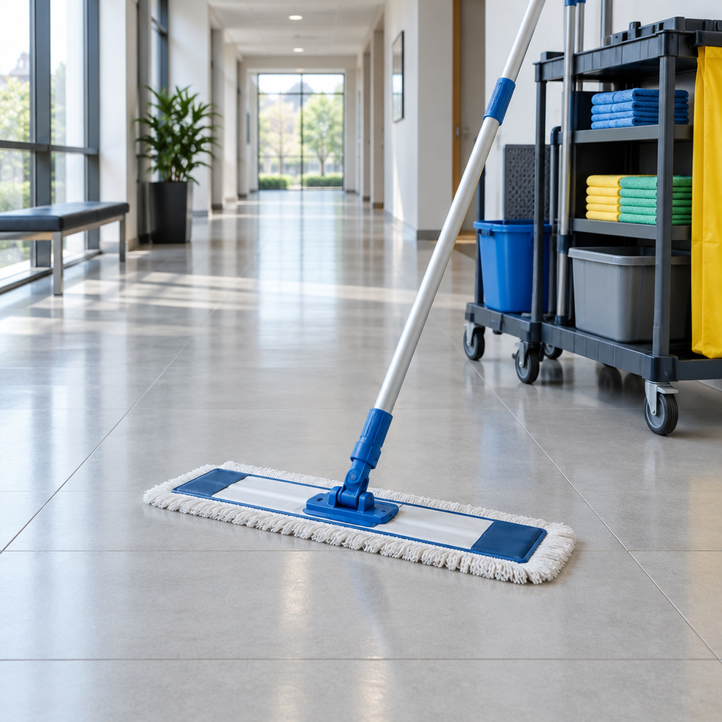 Stemningsbillede af fladmoppe i en gang med flisegulv, ikke foto af den konkrete Clean Plus 60 cm-fremfører