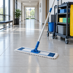 Stemningsbillede af fladmoppe i en gang med flisegulv, ikke foto af den konkrete Clean Plus 60 cm-fremfører