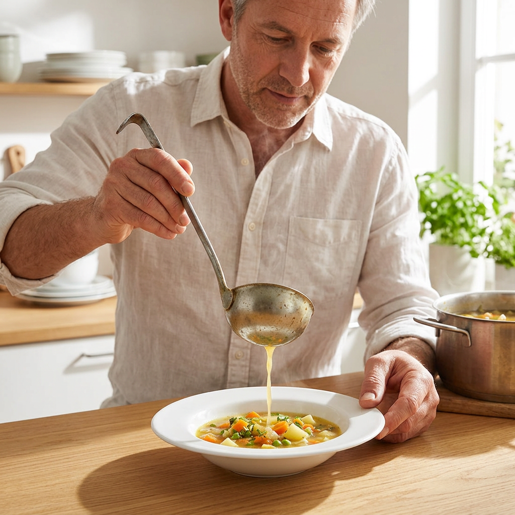 Mand øser grøntsagssuppe i hvid, dyb tallerken