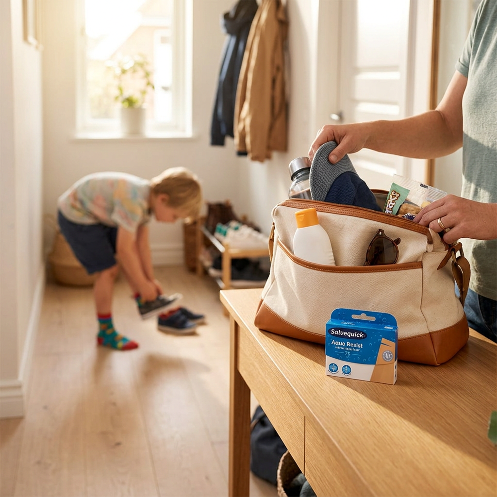 Salvequick Aqua Resist ved familiens taske før en udflugt