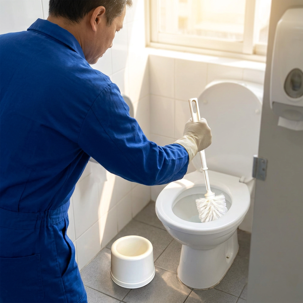 Voksen med handsker bruger hvid Basic-toiletbørste ved toilet i sollys, stemningsbillede