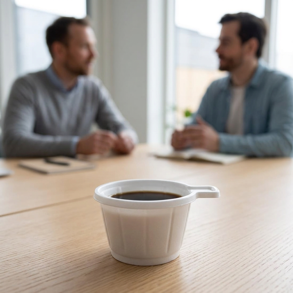 Hvid engangskop med kaffe ved mødebord med to voksne kolleger