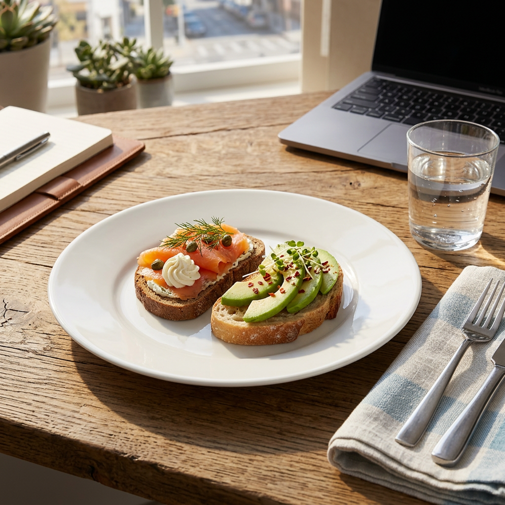 Hvid tallerken med smørrebrød ved frokostbord på arbejdsplads