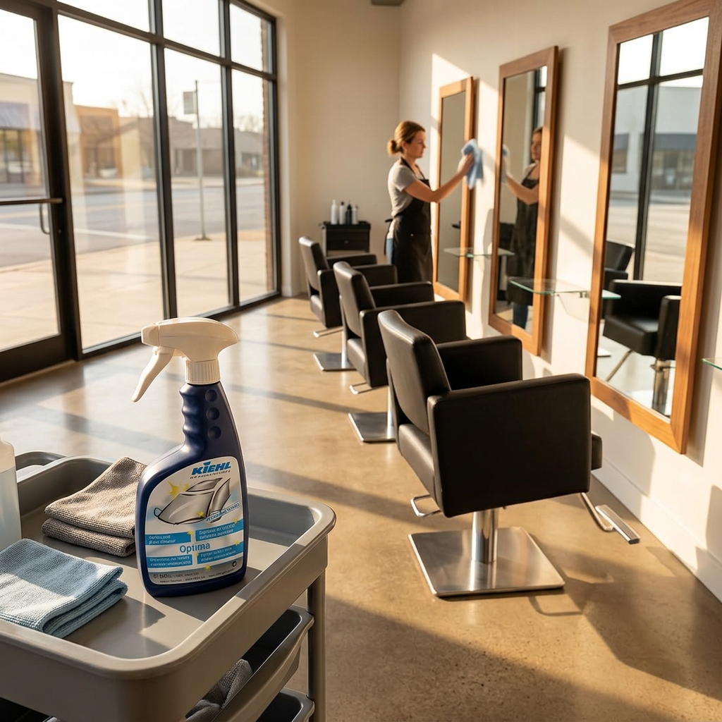 Kiehl Optima 500 ml på rengøringsvogn i solrig salon med spejlaftørring i baggrunden, stemningsbillede