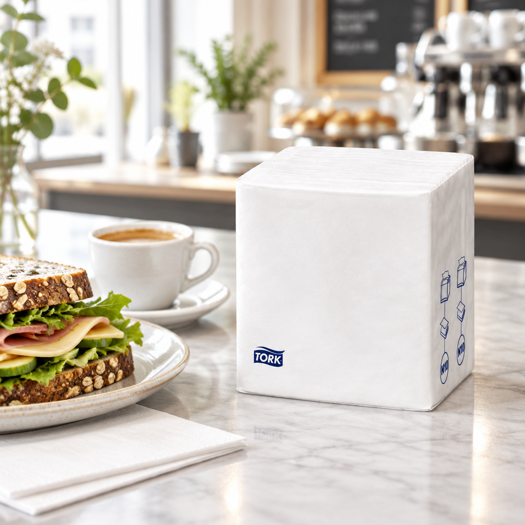 Tork snackservietter i hvid pakke ved sandwich og kaffe i café