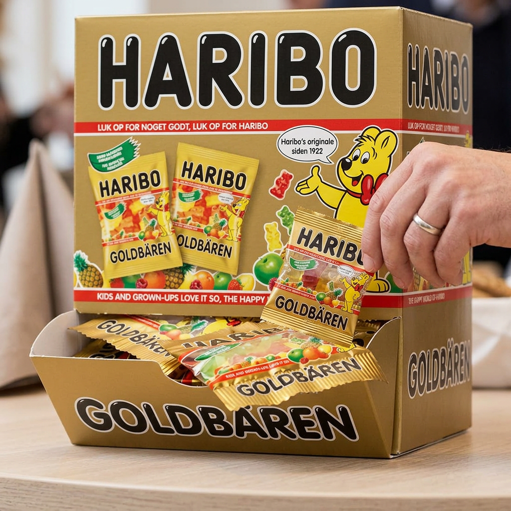 En minipose Haribo Guldbamser tages fra displaykassen
