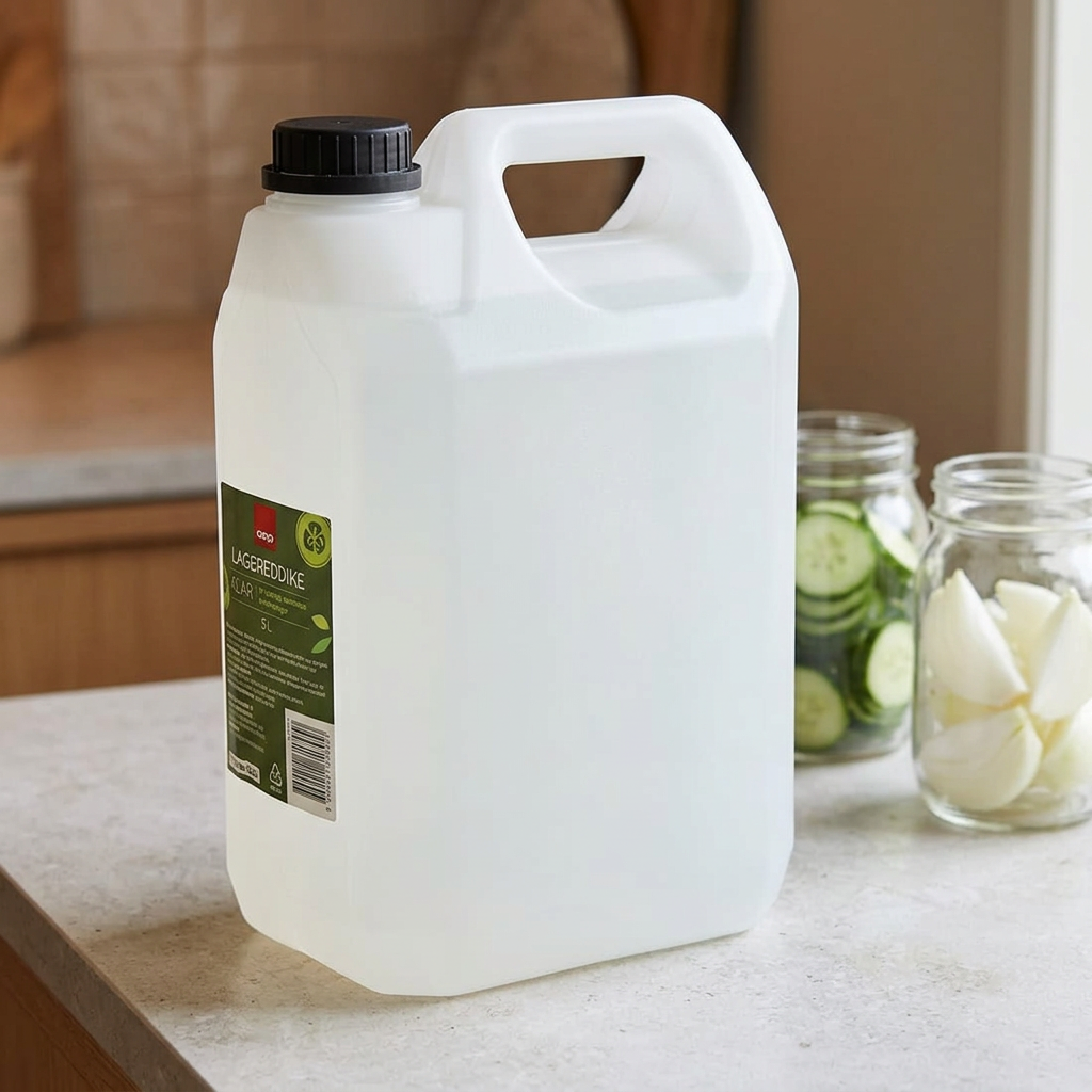 Dunk med klar lagereddike ved agurker og løg i glas