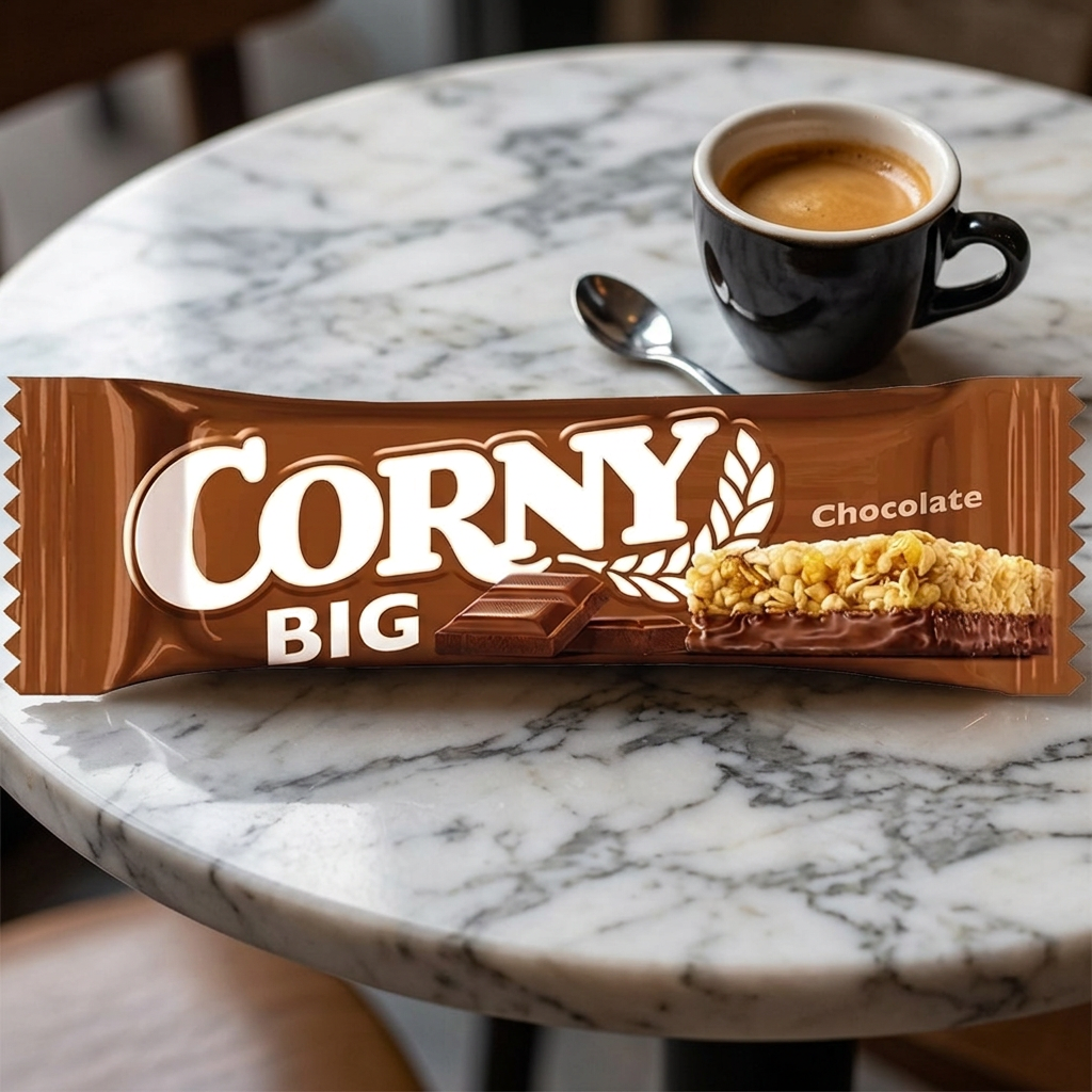 Corny Big Chokolade ved espresso på cafébord, stemningsbillede