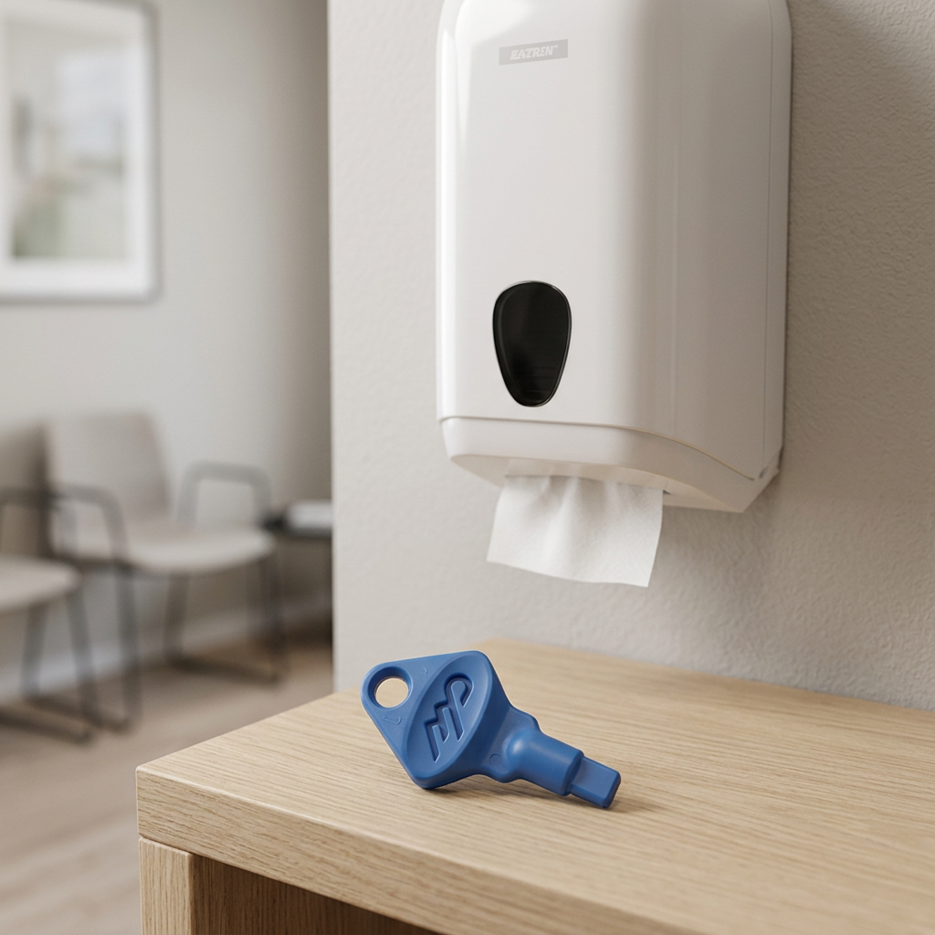 Blå Katrin-nøgle 2309 ved næsepapirsdispenser 2127 i et venteområde