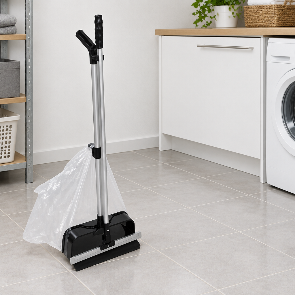 Stemningsillustration af fejesæt med poseholder og sweeper i bryggers, pose medfølger ikke