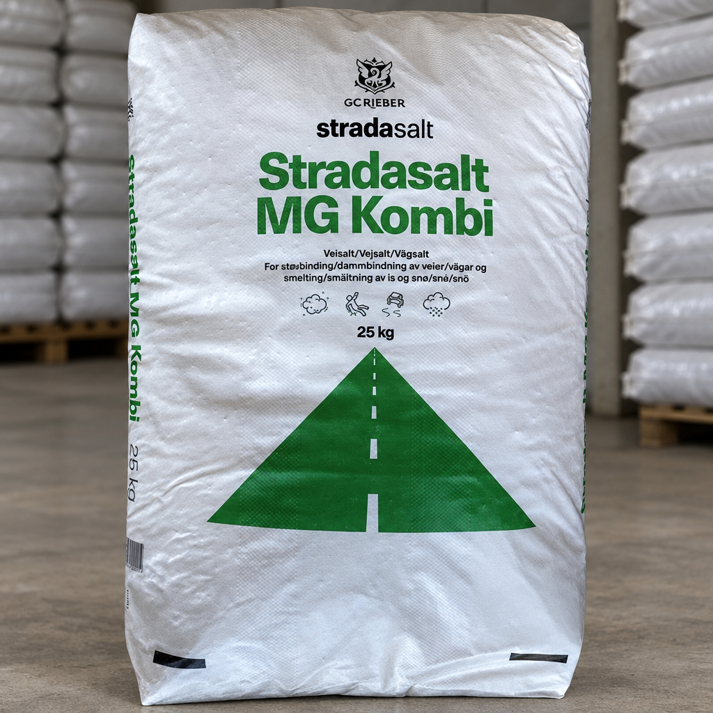 Nærbillede af Stradasalt MG Kombi-sæk med grøn titel og vejmotiv