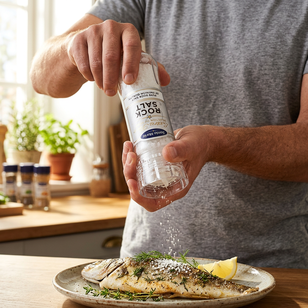 Santa Maria Rock Salt kværnes over tilberedt fisk
