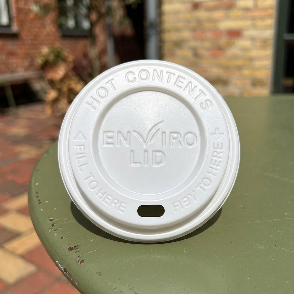 Naturhvidt drikkelåg på grønt cafébord i solrig gård