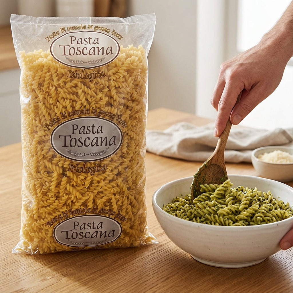 Pastaskruer blandes med pesto ved posen med Pasta Toscana fusilli 3 kg