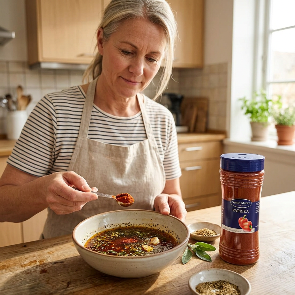 Kvinde afmåler paprika til marinade med Santa Maria-dåsen ved siden af
